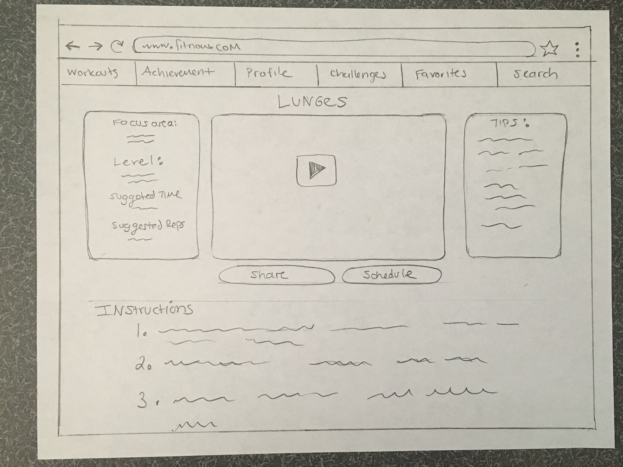 Desktop paper wireframe for Fit Now exercise details screen