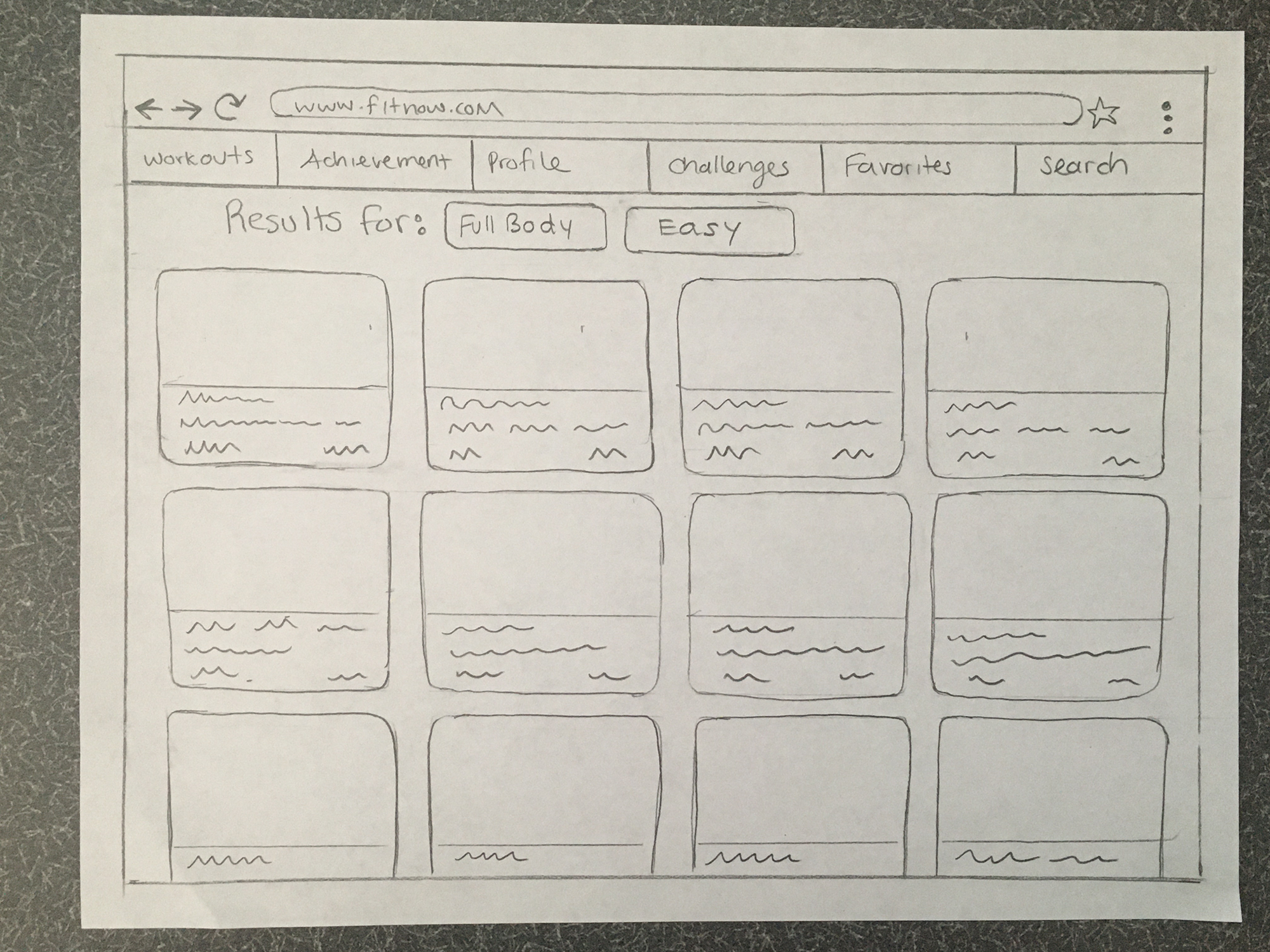 Desktop paper wireframe for Fit Now search results screen