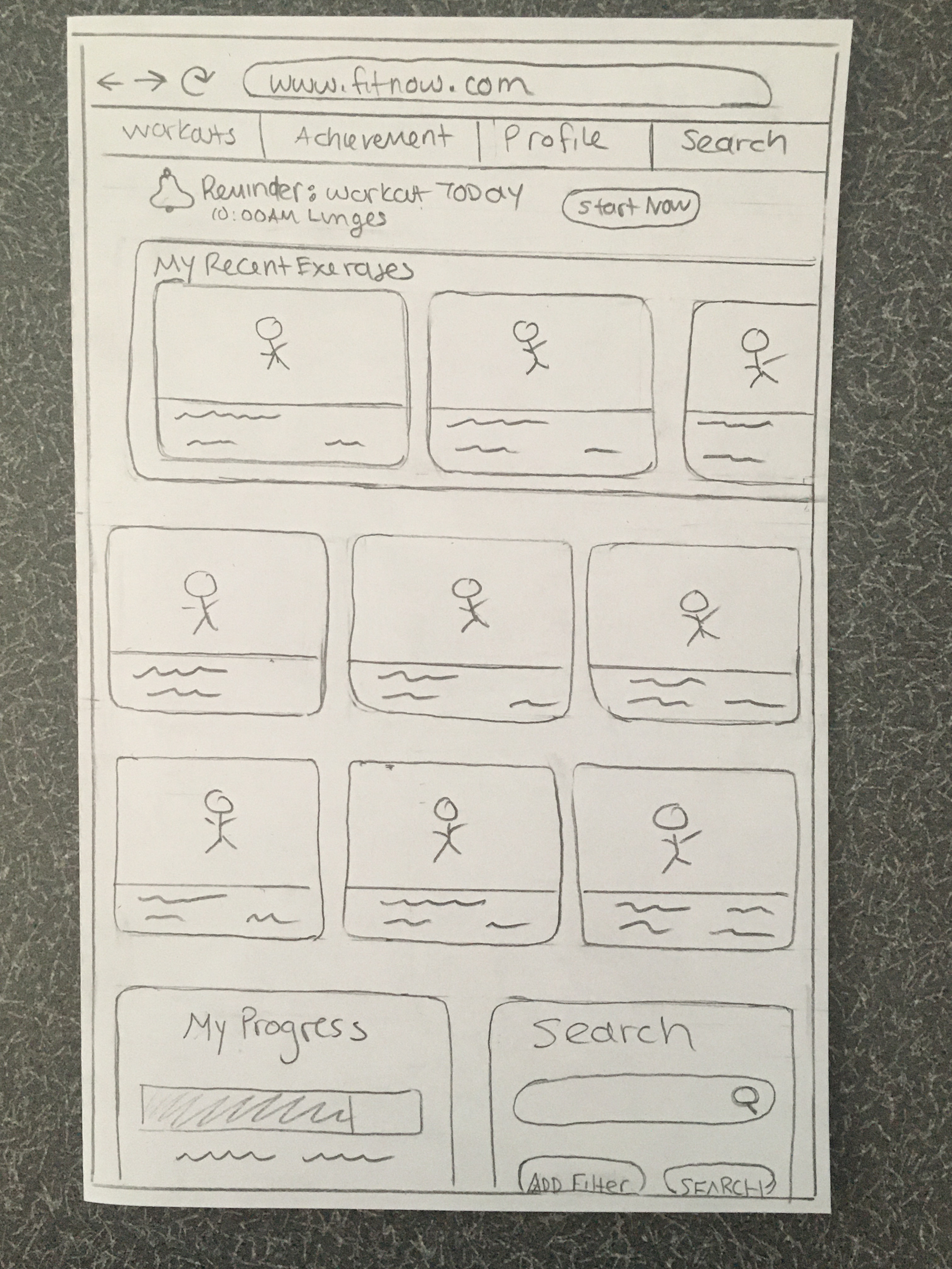 Tablet paper wireframe for Fit Now dashboard screen