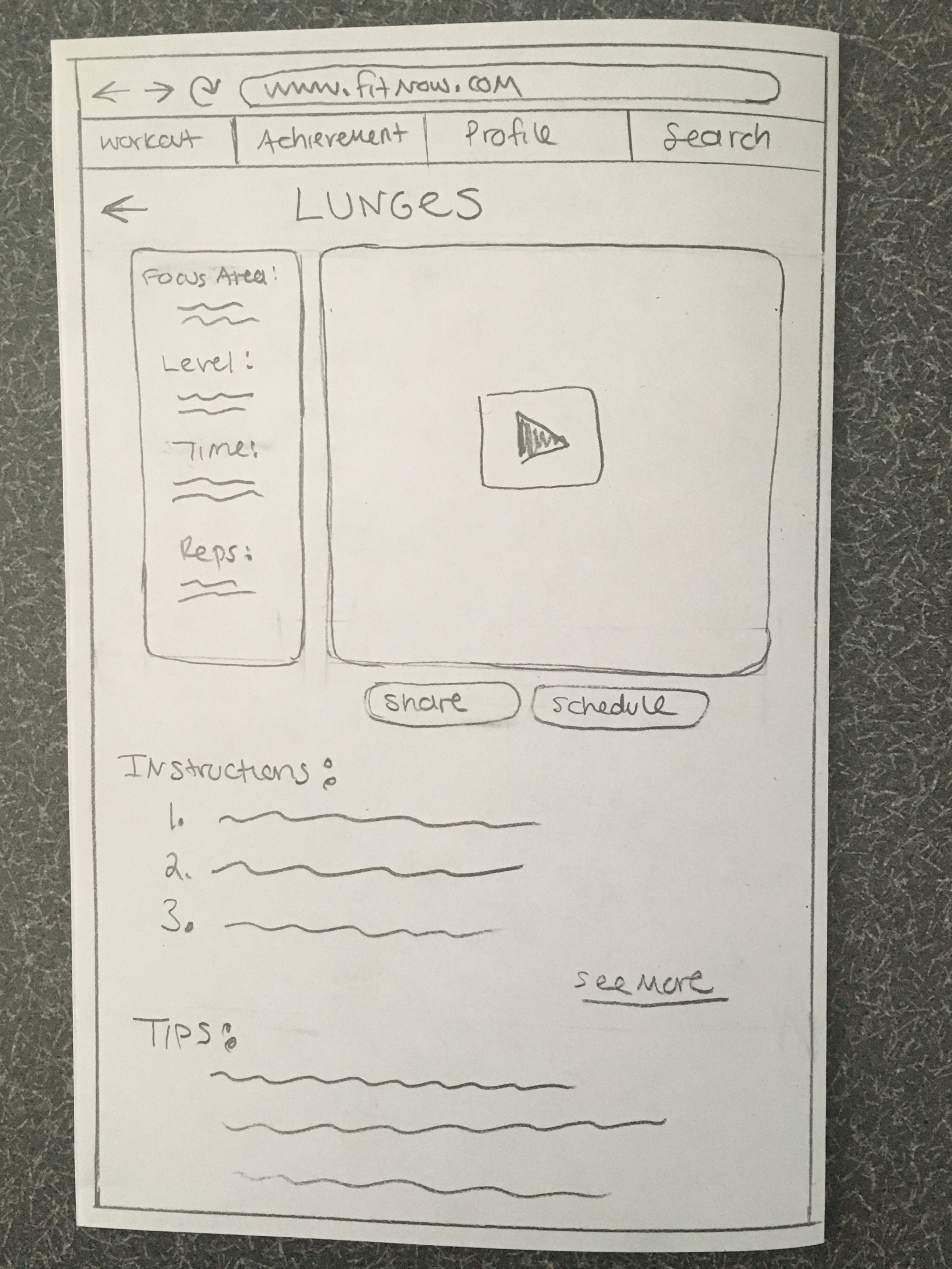 Tablet paper wireframe for Fit Now exercise details screen