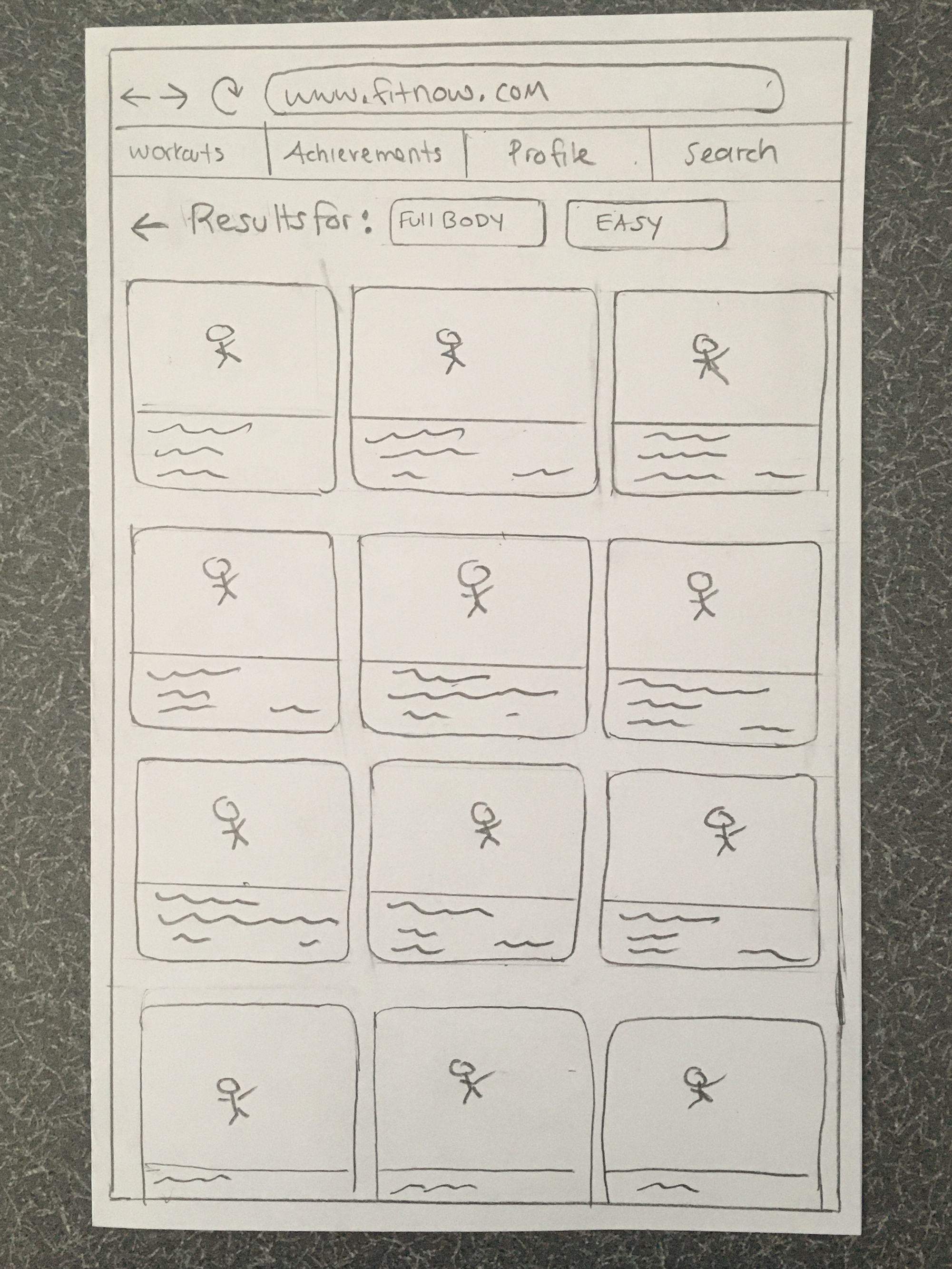 Tablet paper wireframe for Fit Now search results screens