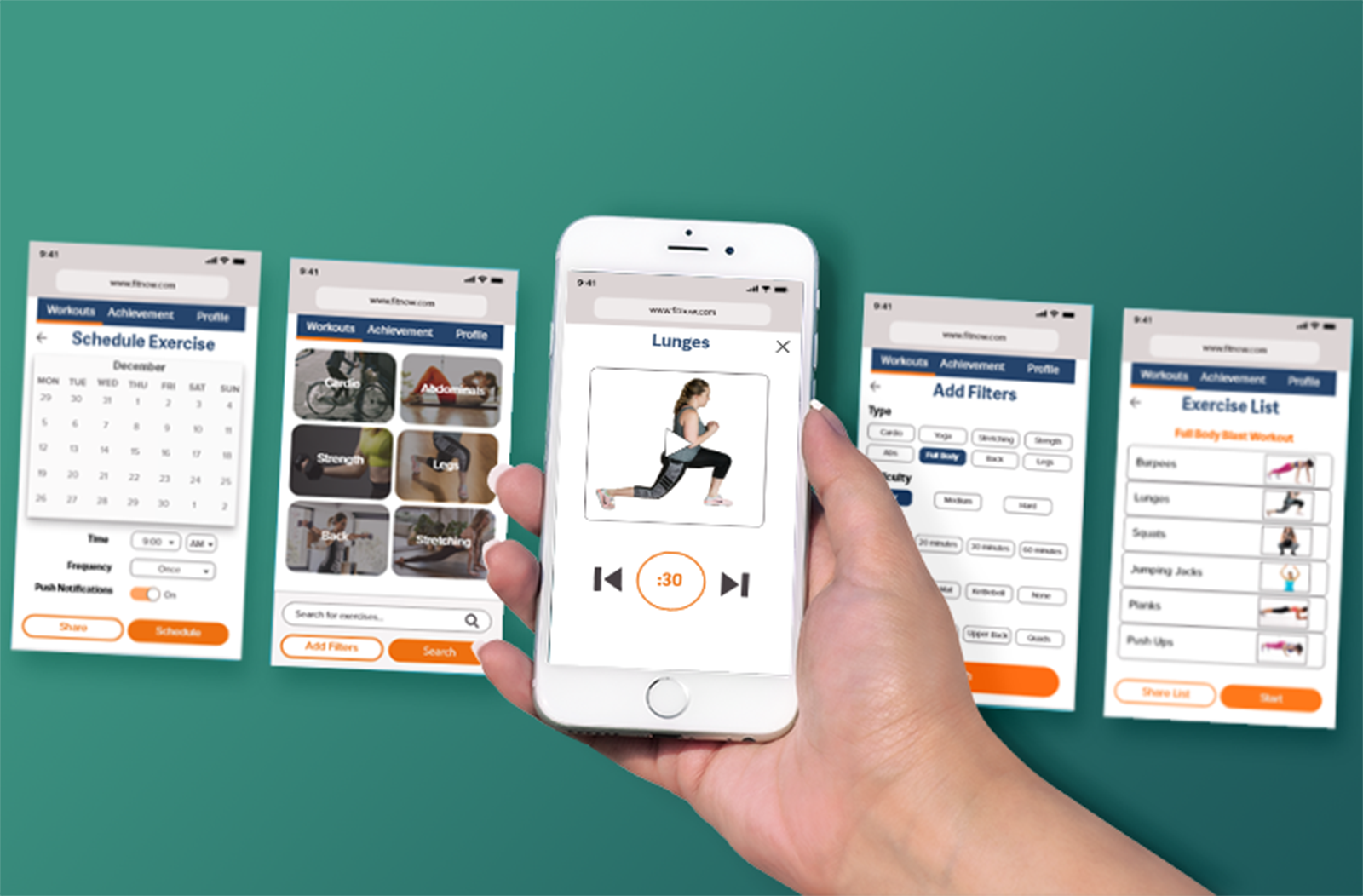 Mobile perspective mockups for Fit Now app