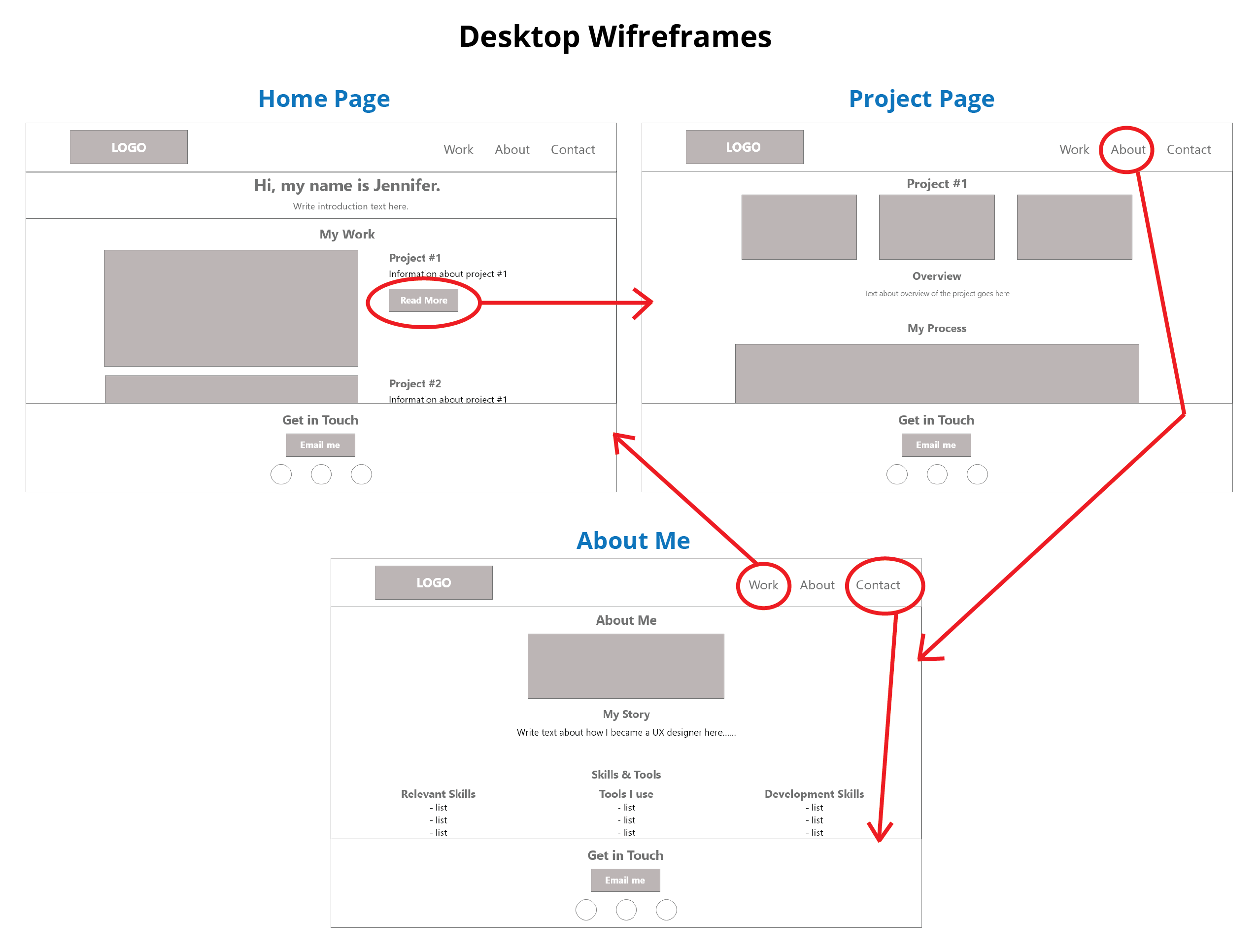 Desktop wireframes for portfolio website