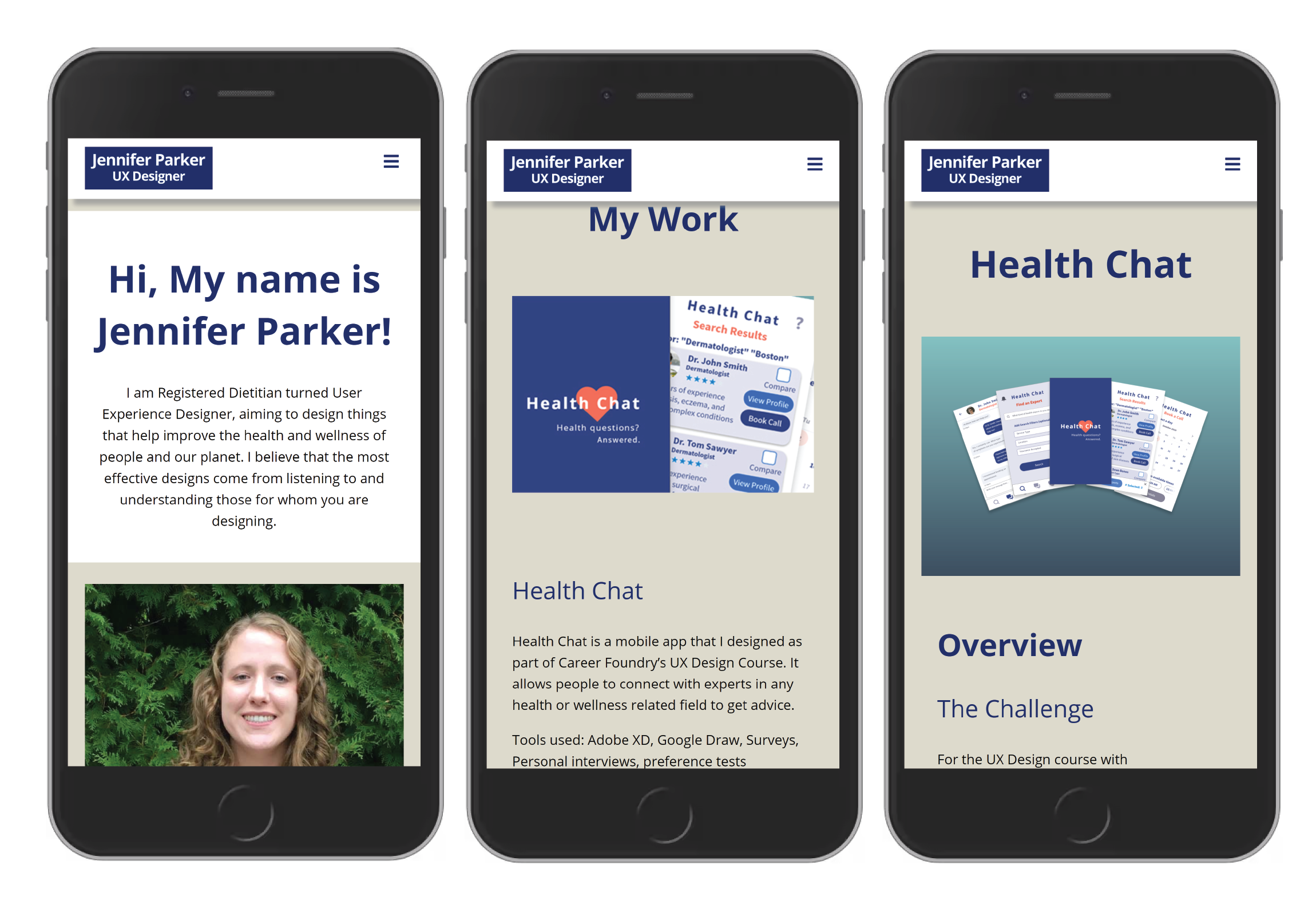 Final mockups for portfolio website for mobile viewport