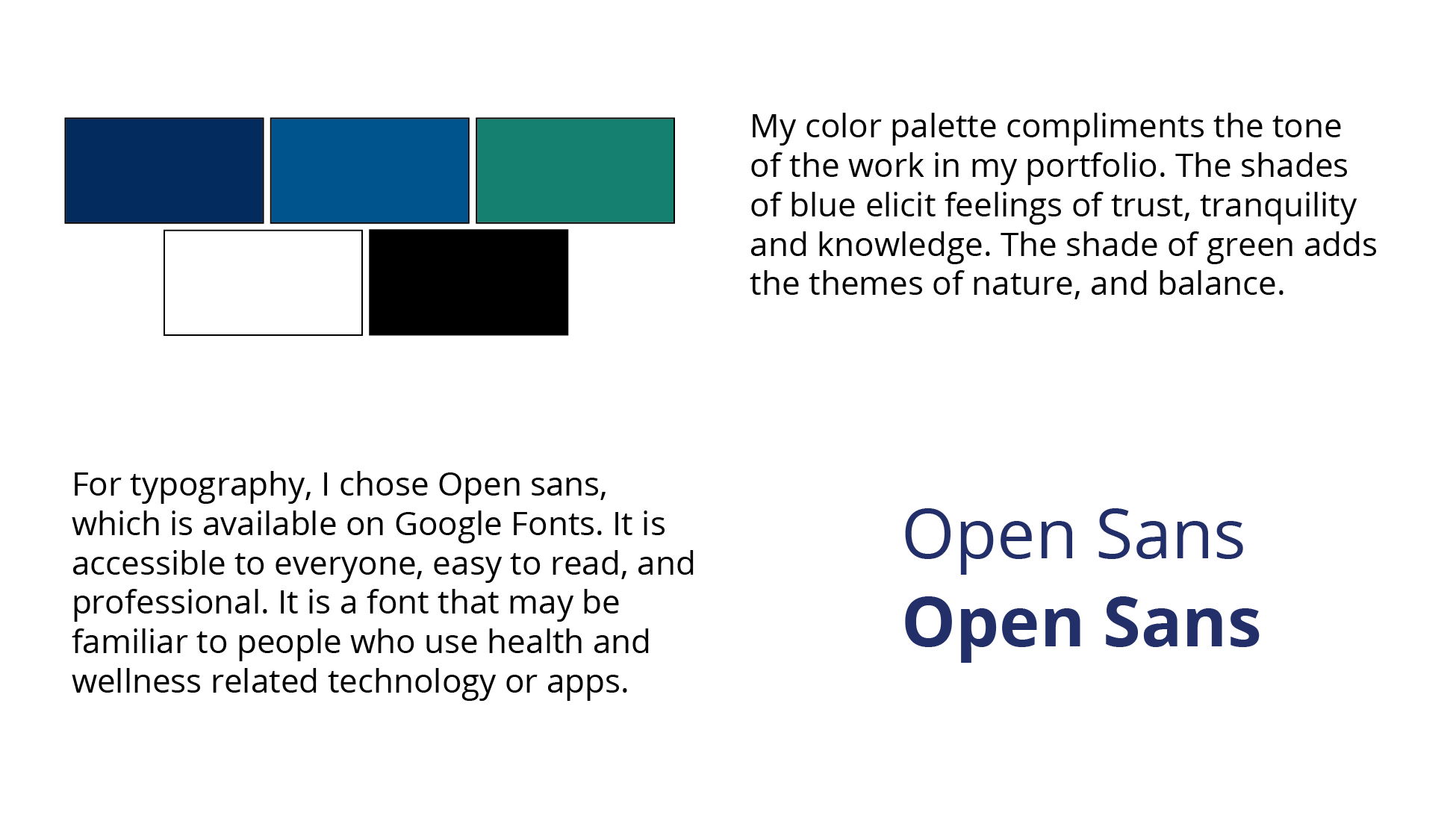 Image of color palette and typography chosen for my portfolio website