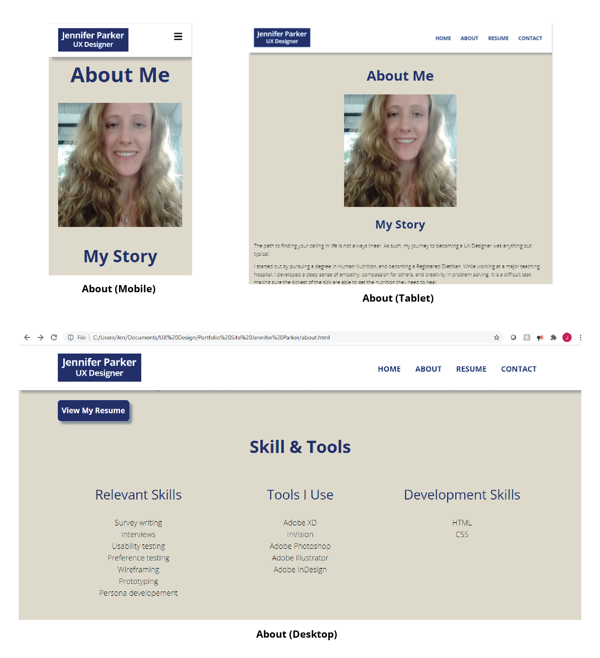 About Me page in mobile, tablet, and desktop viewports