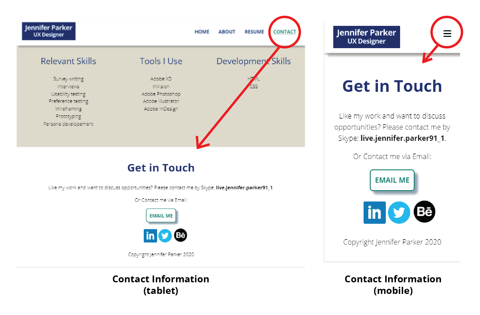 How to access Contact information on tablet and mobile viewports