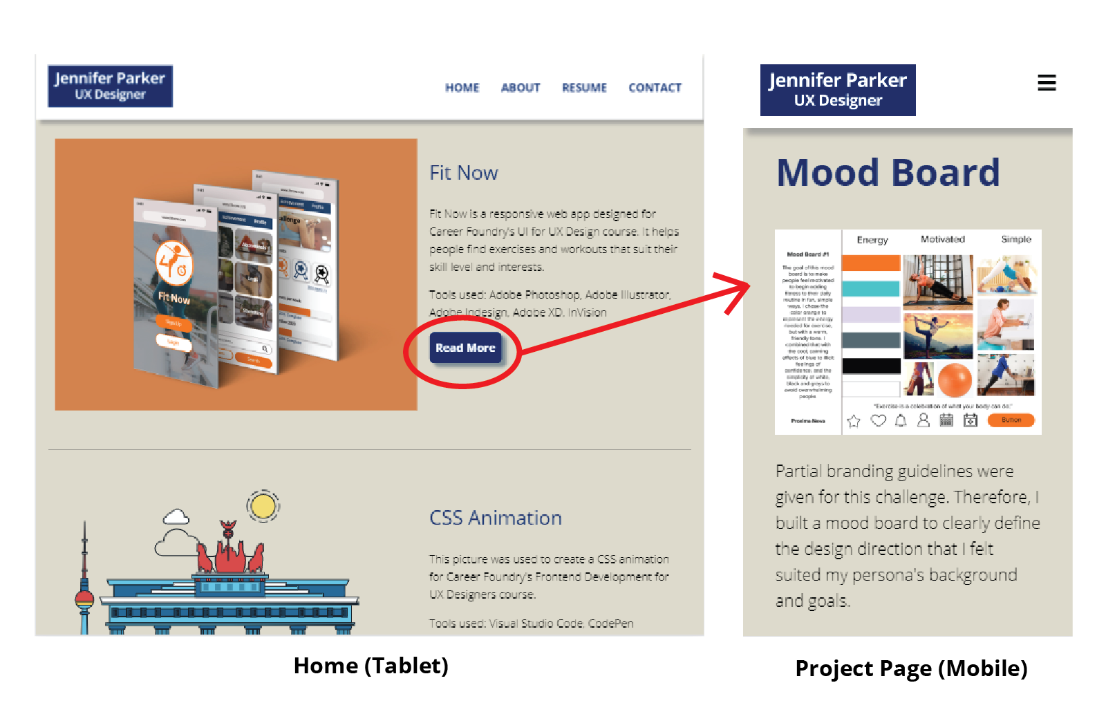 User flow to open a project page from the home page for tablet and mobile viewports