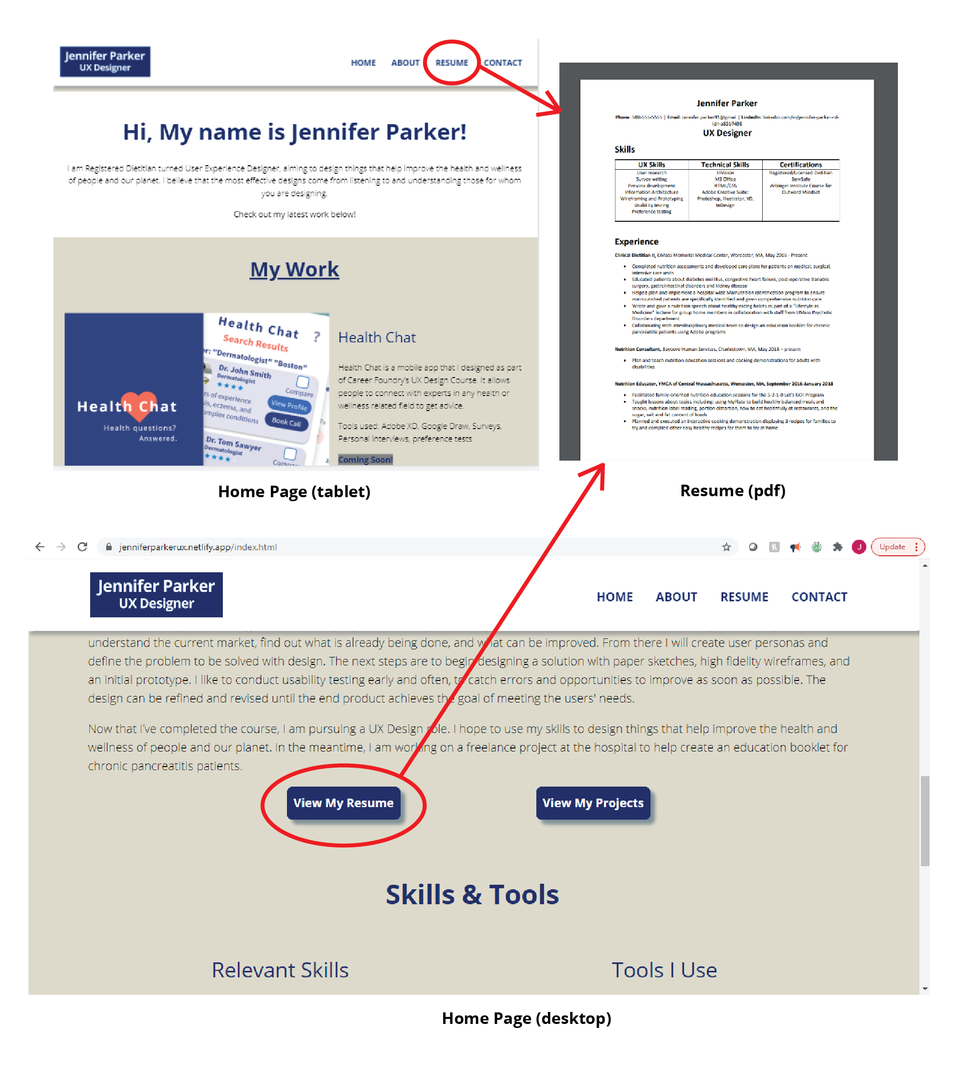 How to access resume PDF from tablet and desktop viewports